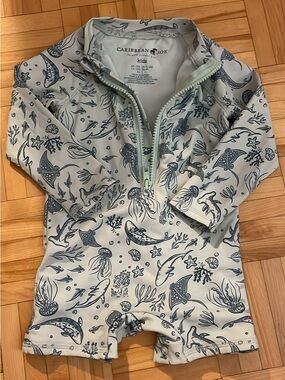 Caribbean Joe Kids Sea Life Half-Zip Rashguard Romper in Light Blue and Navy